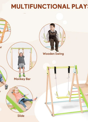 Dečiji drveni set KINDER HOME 4 u 1 – ljuljaška, tobogan, ram za penjanje i rampa za penjanje