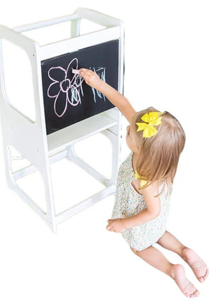 Montessori Toranj KINDER HOME, edukativna stolica sa crnom tablom i podesivom visinom, bela, za decu od 1-4 godine