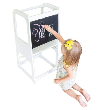 Montessori Toranj KINDER HOME, edukativna stolica sa crnom tablom i podesivom visinom, bela, za djecu od 1-4 godine