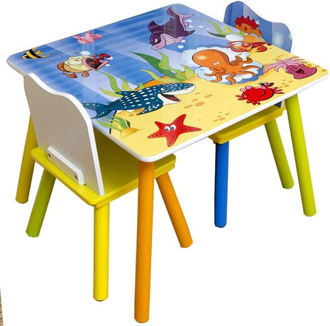 KINDER HOME Dečiji drveni sto i stolice sa morskim životinjama - set za crtanje, igru, učenje i jelo