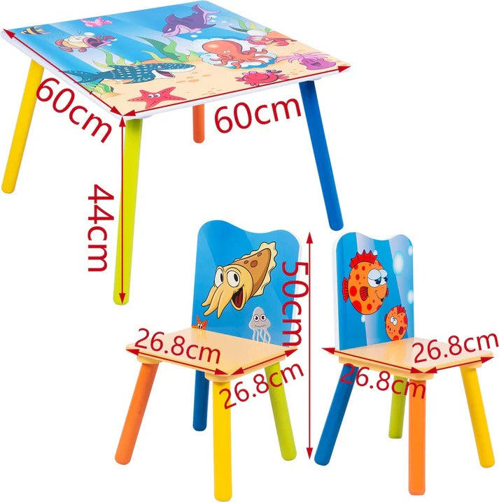 KINDER HOME Dečiji drveni sto i stolice sa morskim životinjama - set za crtanje, igru, učenje i jelo
