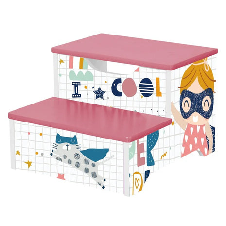 KINDER HOME Dečija stolica, Drvena stepenica na 2 nivoa, Stepenice za dečiju sobu, roze, SUPER DEVOJČICA