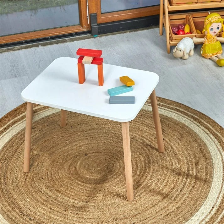 Dečiji drveni sto sa 2 stolice BUNNY, učenje, crtanje, igranje, set za jelo, za dečiju sobu, beli