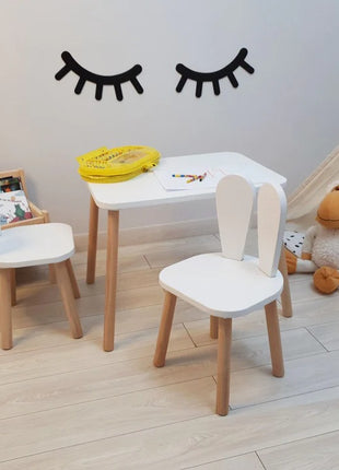 Dečiji drveni sto sa 2 stolice BUNNY, učenje, crtanje, igranje, set za jelo, za dečiju sobu, beli