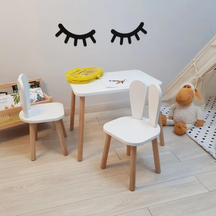 Dečiji drveni sto sa 2 stolice BUNNY, učenje, crtanje, igranje, set za jelo, za dečiju sobu, beli