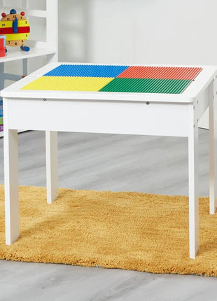 Dečiji sto sa 2 stolice, dvostrani, drveni set za učenje, crtanje, pisanje, slaganje konstruktora tipa LEGO - BELO/SIVA