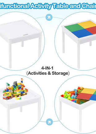 Dečiji sto sa 2 stolice, dvostrani, drveni set za učenje, crtanje, pisanje, slaganje konstruktora tipa LEGO - BELO/SIVA