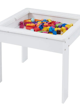 Dečiji sto sa 2 stolice, dvostrani, drveni set za učenje, crtanje, pisanje, slaganje konstruktora tipa LEGO - BELO/SIVA