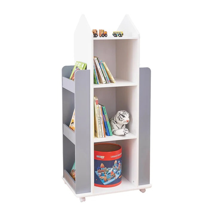 RAKETA sa rotirajućim odsekom za 360 stepeni sa policama u 4 nivoa, drvena - za odlaganje knjiga i igračaka BELA/SIVA
