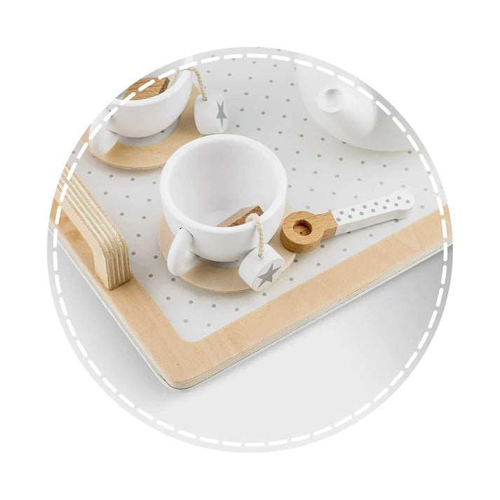 Dečiji drveni set za čaj i kafu sa dodacima - BELO/SIVA