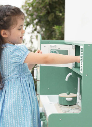 KINDER HOME Dečija drvena kuhinja – vintage stil sa elektronskim pločama za kuvanje, svetlima, zvucima i funkcionalnim dodacima