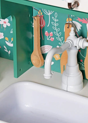 KINDER HOME Dečija drvena kuhinja – vintage stil sa elektronskim pločama za kuvanje, svetlima, zvucima i funkcionalnim dodacima