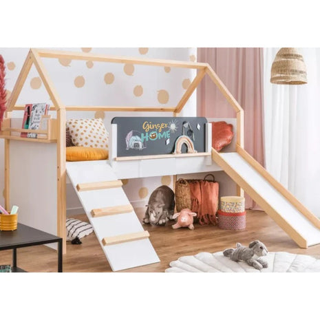 Kućica za dečiji krevet KINDER HOME, Montesori, dvospratna, tobogan, crna tabla, ram dušeka 90k200 cm